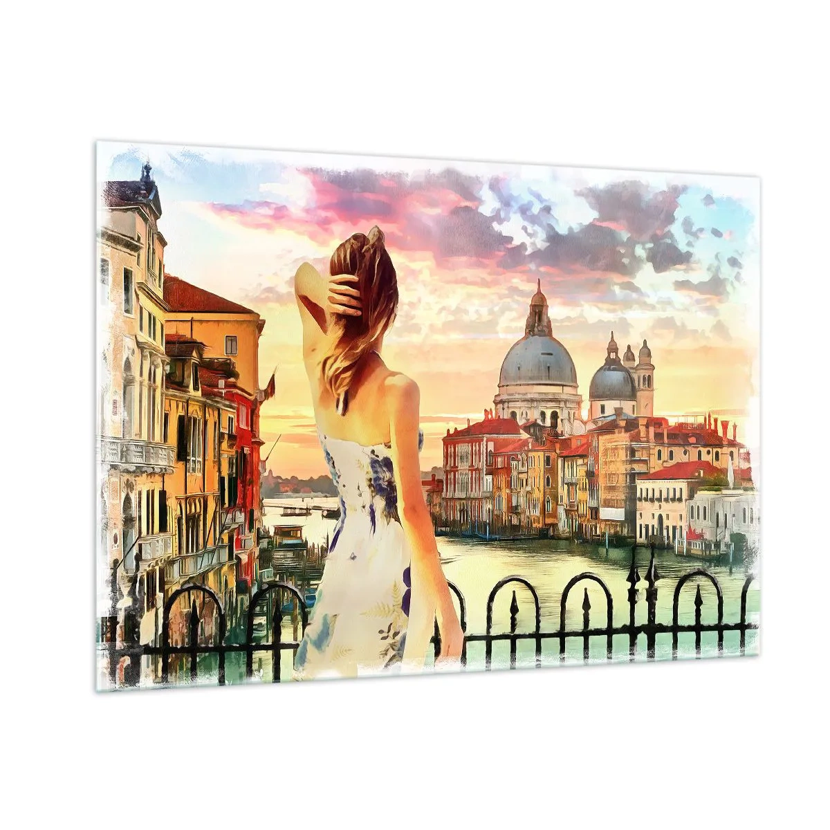 Quadro su vetro - Una donna ammira il panorama di Venezia al tramonto. - 100x70cm - Se un'avventura allora solo a... - Decorazione murale moderna per soggiorno e camera da letto ARTTOR