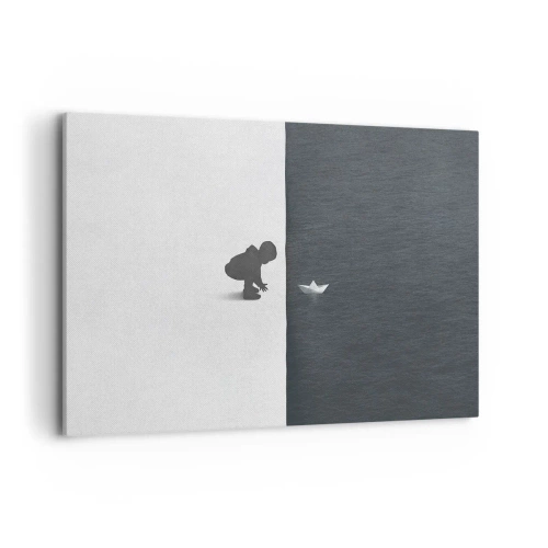 Quadro su tela - Stampe su Tela - La figura di un bambino con una barchetta di carta su uno sfondo di metà contrastanti - 100x70cm - La grande spedizione - Decorazione murale moderna per soggiorno e camera da letto ARTTOR
