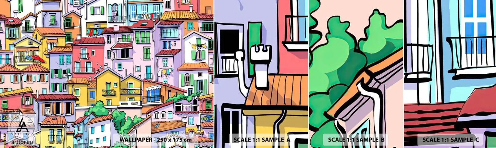 Campione di Fotomurale Adesivo Deluxe Sticker - Città allegra - Città, Case popolari, Case - 100x30 cm