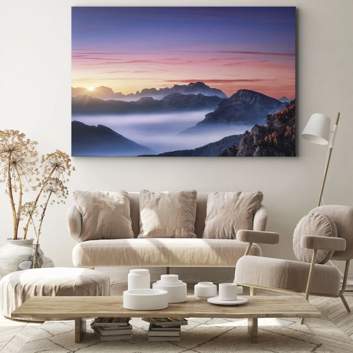Quadro su tela - Stampe su Tela - Paesaggio montano all'alba con nebbia nelle valli - 120x80cm - Sopra le valli - Decorazione murale moderna per soggiorno e camera da letto ARTTOR