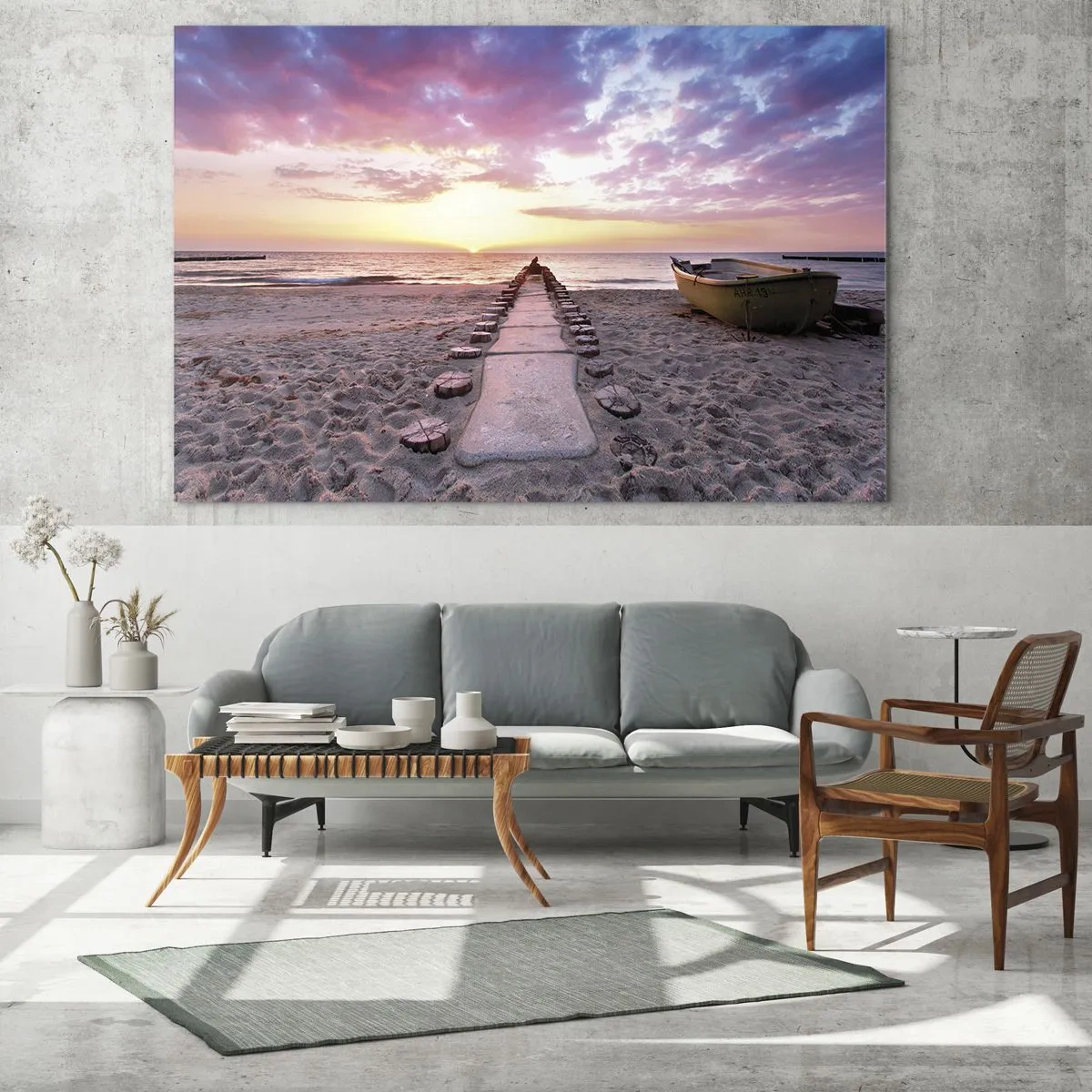 Quadro su vetro - Spiaggia al tramonto con barca e molo - 70x50cm - Un momento profondo - Decorazione murale moderna per soggiorno e camera da letto ARTTOR