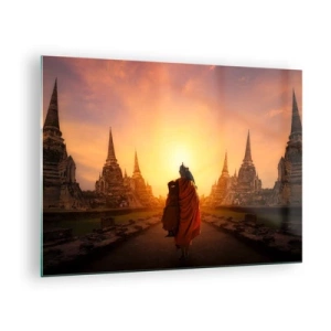 Quadro su vetro - Un monaco sullo sfondo del tramonto e dei templi in Asia - 70x50cm - In pace per l'eternità - Decorazione murale moderna per soggiorno e camera da letto ARTTOR