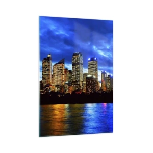 Quadro su vetro - Panorama della città notturna con grattacieli illuminati sull'acqua - 80x120cm - Notte di luci e colori - Decorazione murale moderna per soggiorno e camera da letto ARTTOR