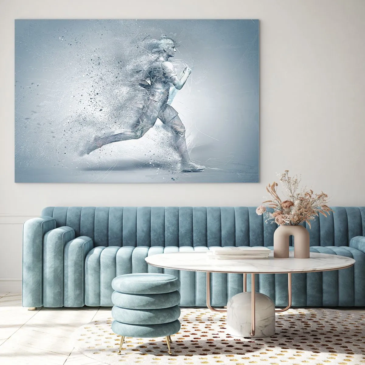 Quadro su vetro - Silhouette di una figura in corsa in una forma astratta - 100x70cm - Energia pura come un cristallo - Decorazione murale moderna per soggiorno e camera da letto ARTTOR