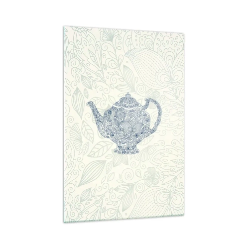 Quadro su vetro - Disegno decorativo di una teiera con ornamenti blu - 70x100cm - Magia del tè - Decorazione murale moderna per soggiorno e camera da letto ARTTOR