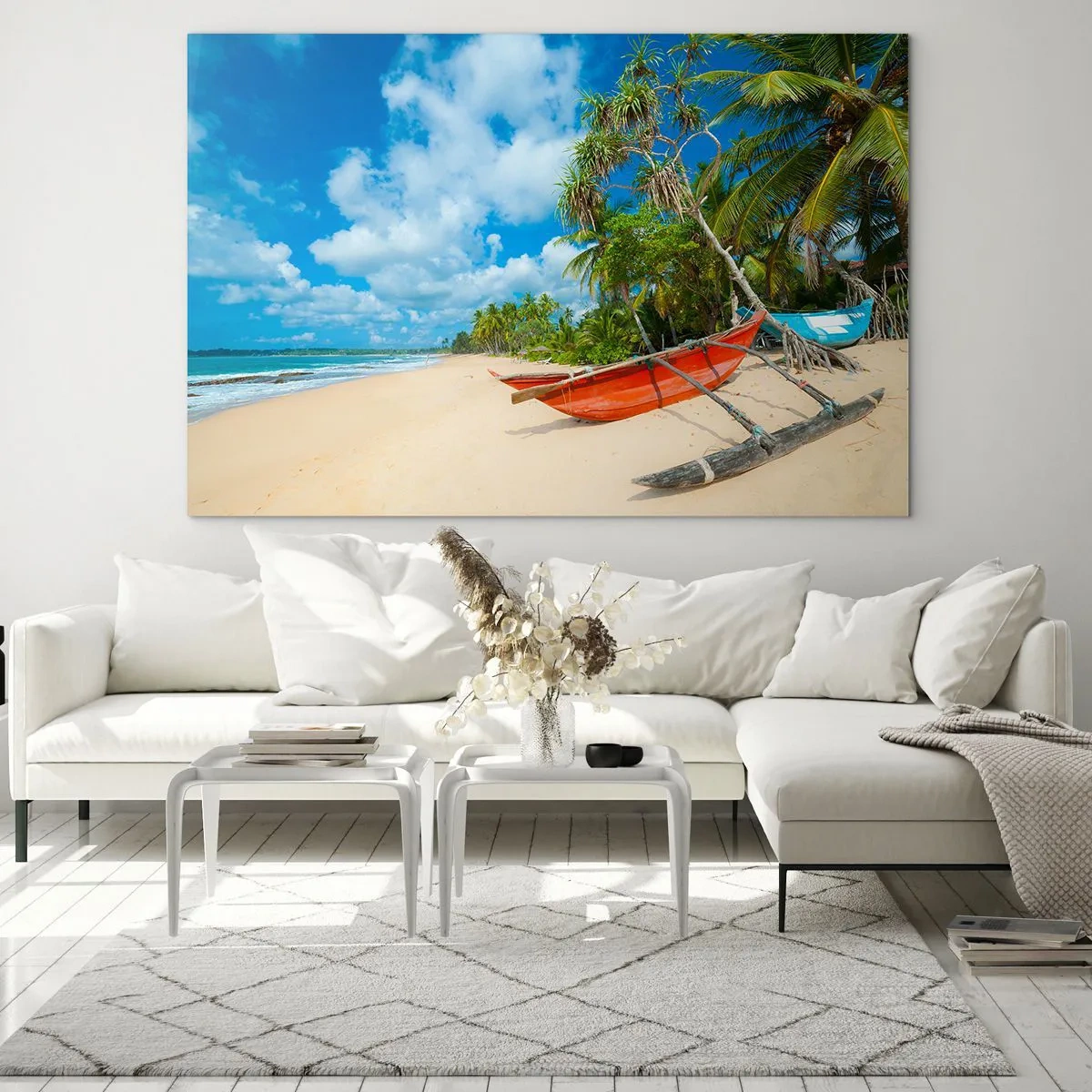 Quadro su vetro - Spiaggia tropicale con palme e barche tradizionali - 120x80cm - La bellezza dei tropici - Decorazione murale moderna per soggiorno e camera da letto ARTTOR