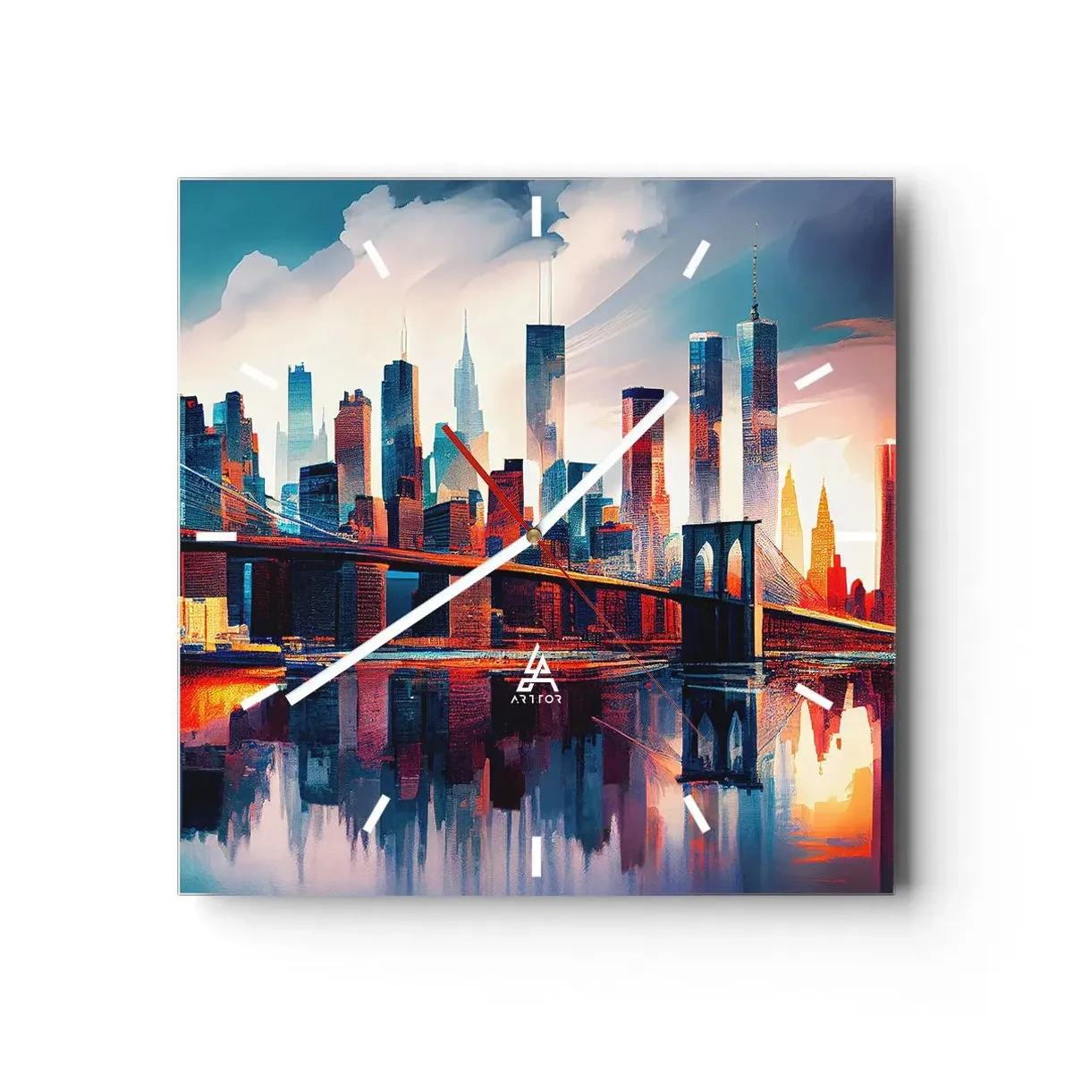 Orologio da parete - Orologio in Vetro - Panorama di New York City con ponte e riflesso nell'acqua - 30x30cm - Una New York spettacolare - Decorazione murale moderna per soggiorno e camera da letto ARTTOR