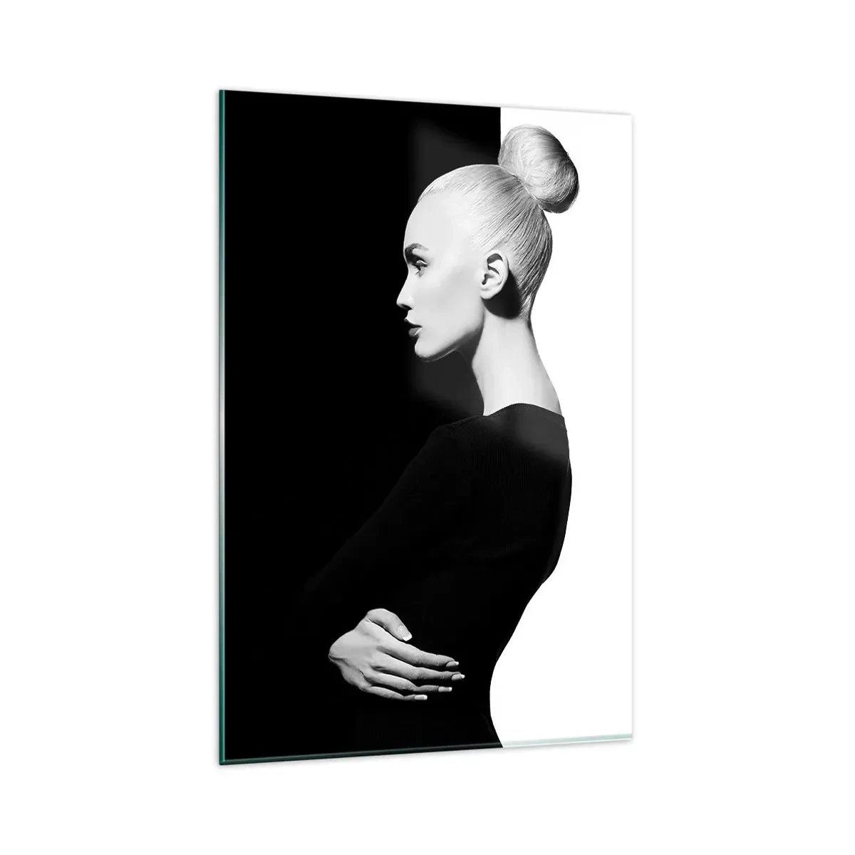 Quadro su vetro - Ritratto elegante di una donna su sfondo bianco e nero - 80x120cm - Semplicemente donna - Decorazione murale moderna per soggiorno e camera da letto ARTTOR