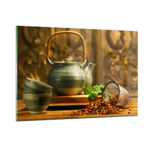 Quadro su vetro - Set da tè in ceramica con erbe aromatiche in una decorazione classica - 120x80cm - Trattato sul tè - Decorazione murale moderna per soggiorno e camera da letto ARTTOR