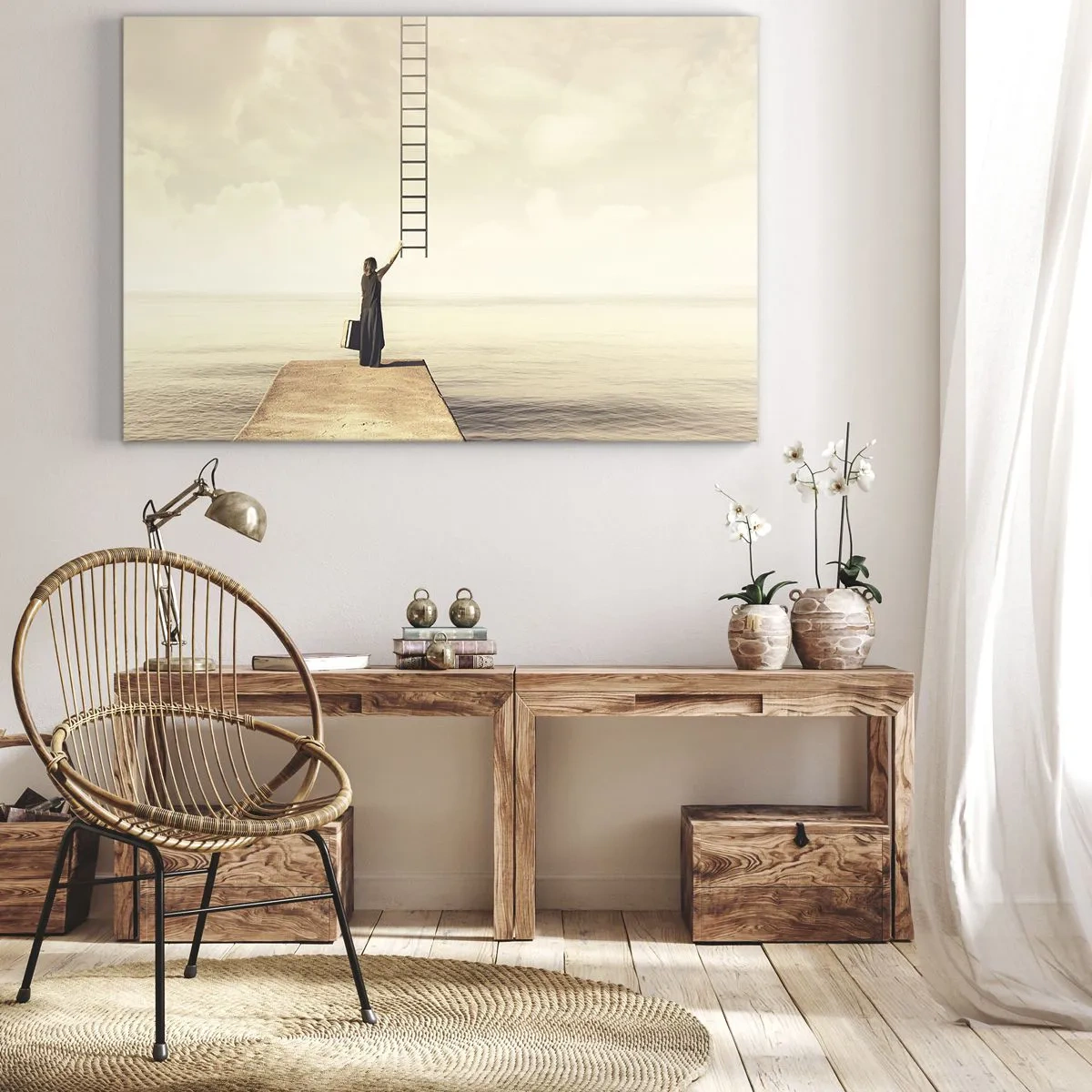 Quadro su tela - Stampe su Tela - Una donna in piedi su un molo con una scala che porta al cielo - 70x50cm - Viaggio magico - Decorazione murale moderna per soggiorno e camera da letto ARTTOR