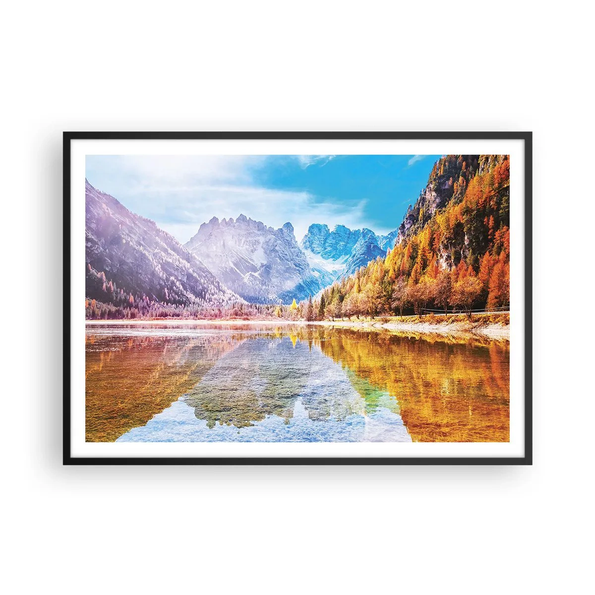 Poster in cornice nera - Paesaggio montano autunnale con lago - 100x70cm - E nei monti è già autunno - Decorazione murale moderna per soggiorno e camera da letto ARTTOR