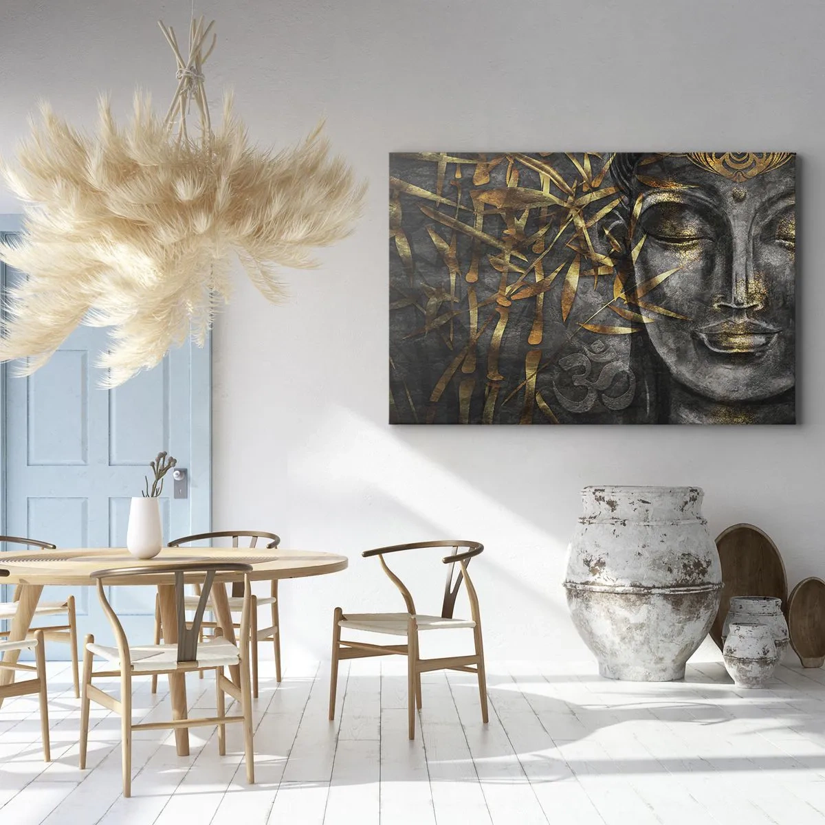 Quadro su tela - Stampe su Tela - Immagine del Buddha Zen con bambù dorati - 120x80cm - Senti la pace - Decorazione murale moderna per soggiorno e camera da letto ARTTOR