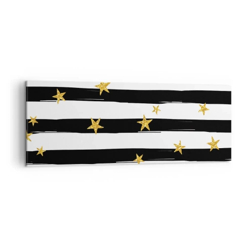 Quadro su tela - Stampe su Tela - Strisce bianche e nere con stelle dorate - 140x50cm - Siamo tutti nati sotto una buona stella - Decorazione murale moderna per soggiorno e camera da letto ARTTOR