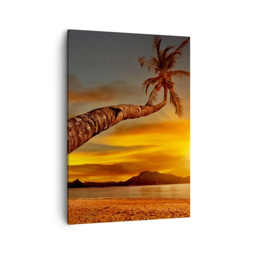 Quadro su tela - Stampe su Tela - Palma sulla spiaggia al tramonto con vista sul mare - 50x70cm - Vacanze esotiche, avventura nei Caraibi - Decorazione murale moderna per soggiorno e camera da letto ARTTOR