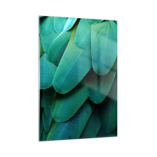 Quadro su vetro - Primo piano delle piume di un pappagallo di un verde intenso. - 50x70cm - Precisione da pappagallo - Decorazione murale moderna per soggiorno e camera da letto ARTTOR