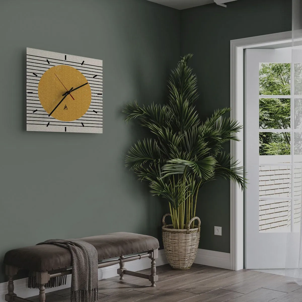Orologio da parete - Orologio in Vetro - Un cerchio giallo su uno sfondo di linee orizzontali bianche e nere - 30x30cm - La forza della semplicità - Decorazione murale moderna per soggiorno e camera da letto ARTTOR