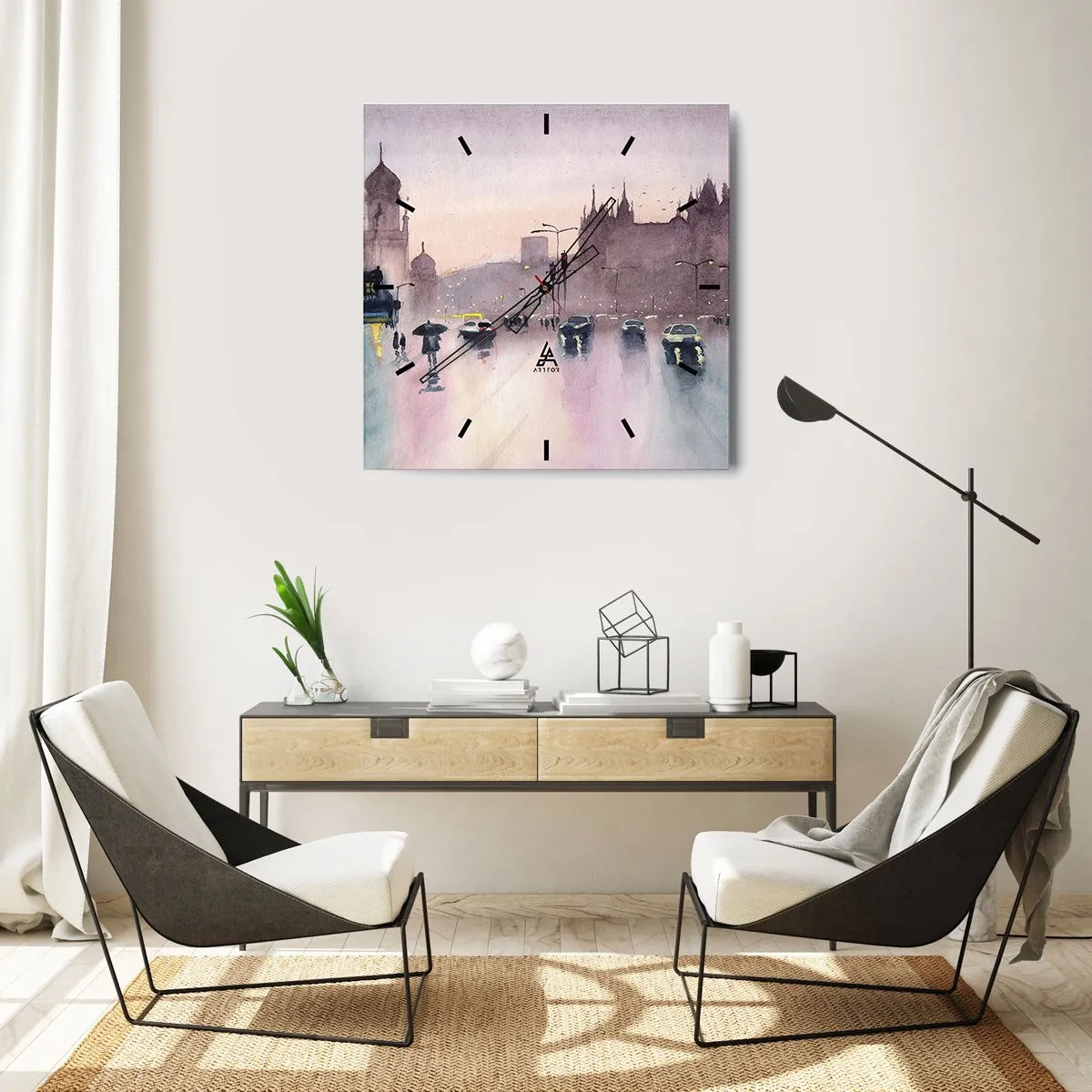 Orologio da parete - Orologio in Vetro - Una strada cittadina al crepuscolo in stile acquerello - 30x30cm - Nella nebbia piovigginosa - Decorazione murale moderna per soggiorno e camera da letto ARTTOR