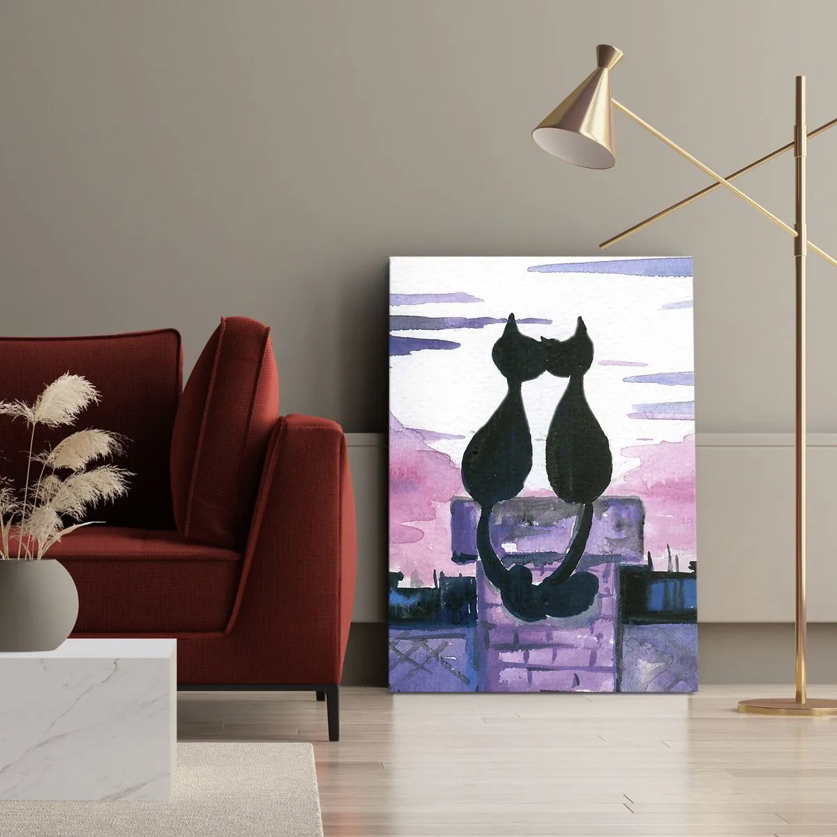Quadro su tela - Stampe su Tela - Gatti neri su un tetto al chiaro di luna in un ambiente acquerello - 70x100cm - Appuntamento sotto la luna - Decorazione murale moderna per soggiorno e camera da letto ARTTOR