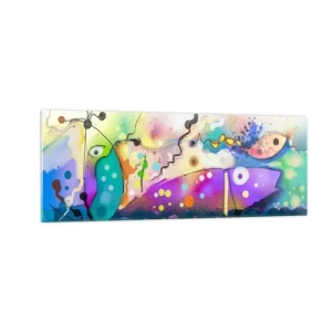 Quadro su vetro - Pesci astratti in una composizione colorata e surreale - 140x50cm - Senza parole! - Decorazione murale moderna per soggiorno e camera da letto ARTTOR