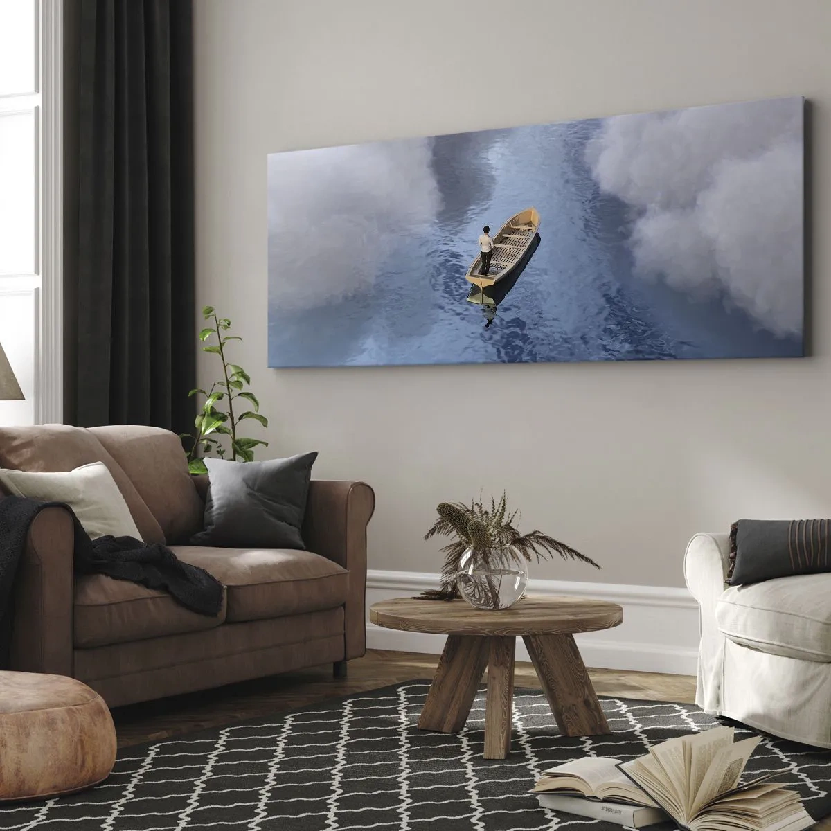 Quadro su tela - Stampe su Tela - Un uomo su una barca in un mare calmo circondato da nuvole - 140x50cm - Vita - viaggio - incertezza - Decorazione murale moderna per soggiorno e camera da letto ARTTOR