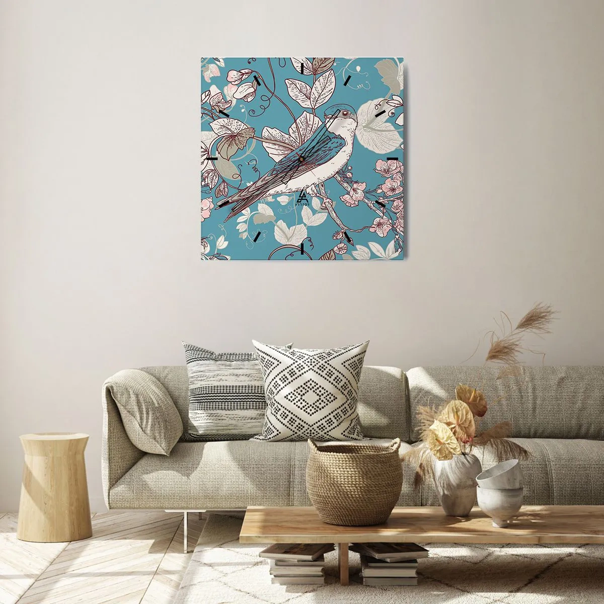 Orologio da parete - Orologio in Vetro - Un uccello su un ramo in un delicato stile floreale - 30x30cm - Sul pioppo riflessi e cinguettii - Decorazione murale moderna per soggiorno e camera da letto ARTTOR