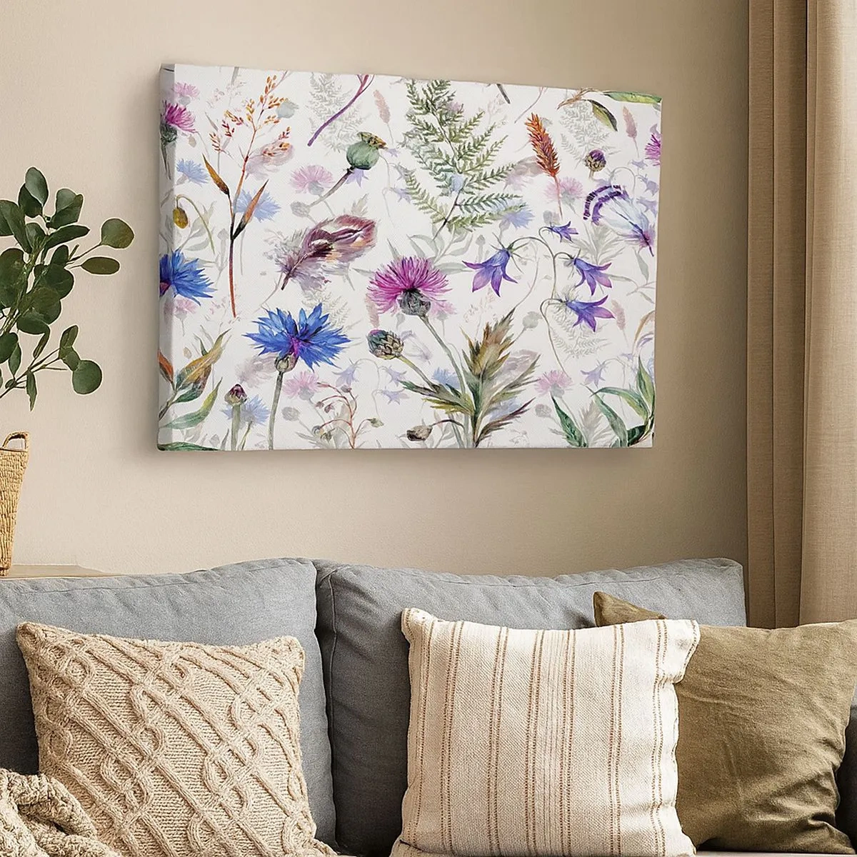 Quadro su tela - Stampe su Tela - Fiori ed erbe acquerellati su sfondo bianco in stile erbario - 70x50cm - Erbario polacco - Decorazione murale moderna per soggiorno e camera da letto ARTTOR