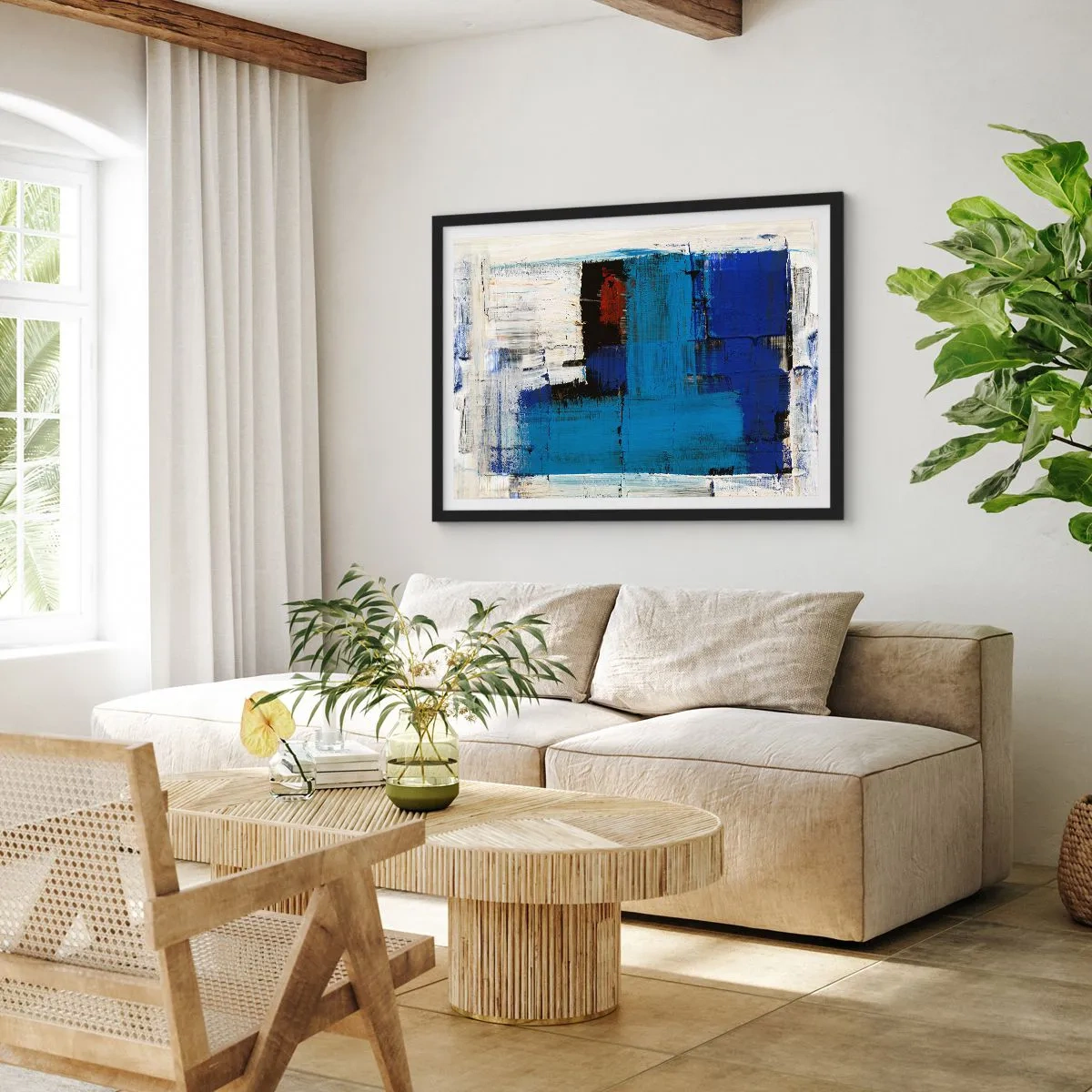 Poster in cornice nera - Composizione astratta nei toni del blu e del bianco - 70x50cm - I segreti del blu - Decorazione murale moderna per soggiorno e camera da letto ARTTOR