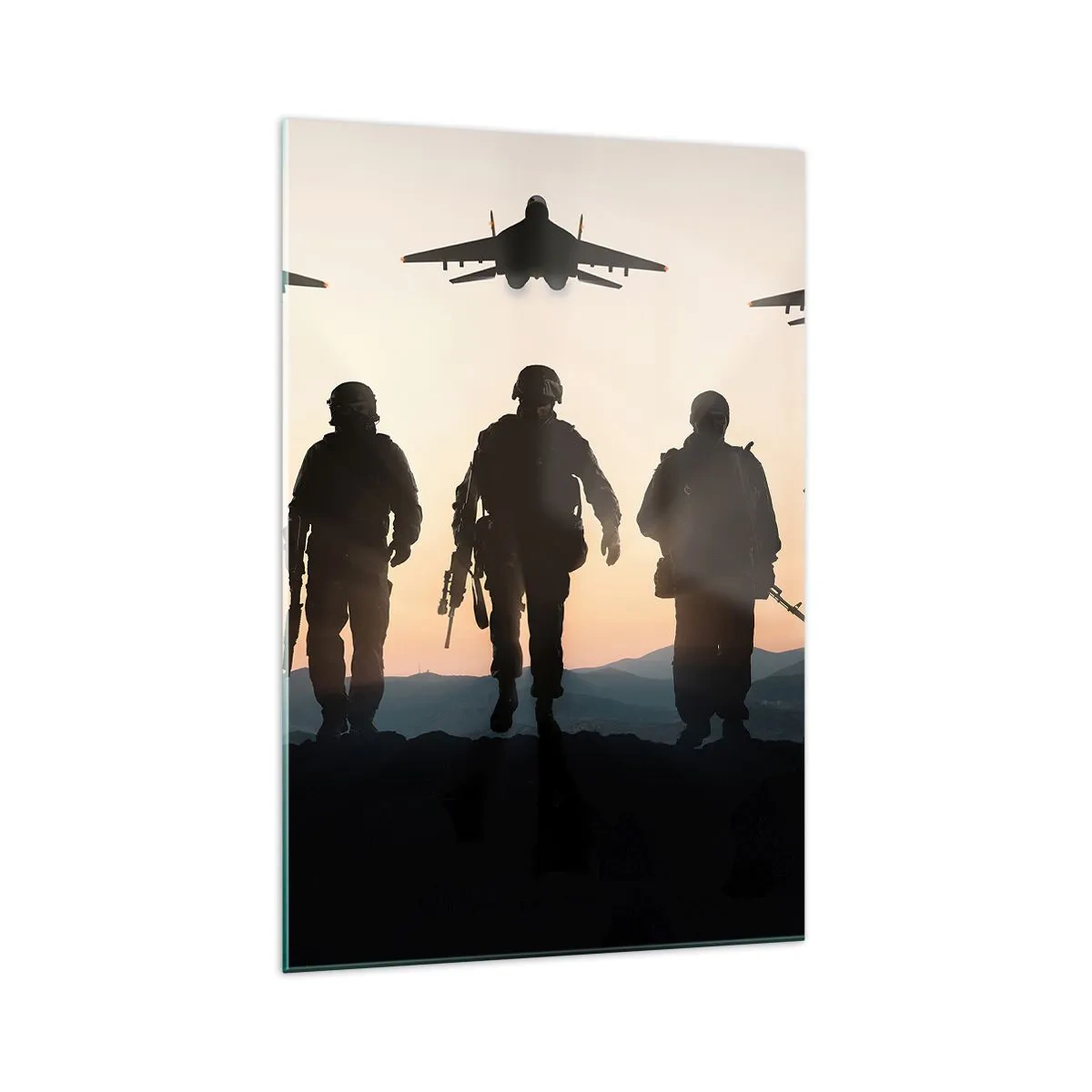 Quadro su vetro - Sagome di soldati e aerei da combattimento sullo sfondo del tramonto - 70x100cm - Benvenuto nel nostro mondo - Decorazione murale moderna per soggiorno e camera da letto ARTTOR