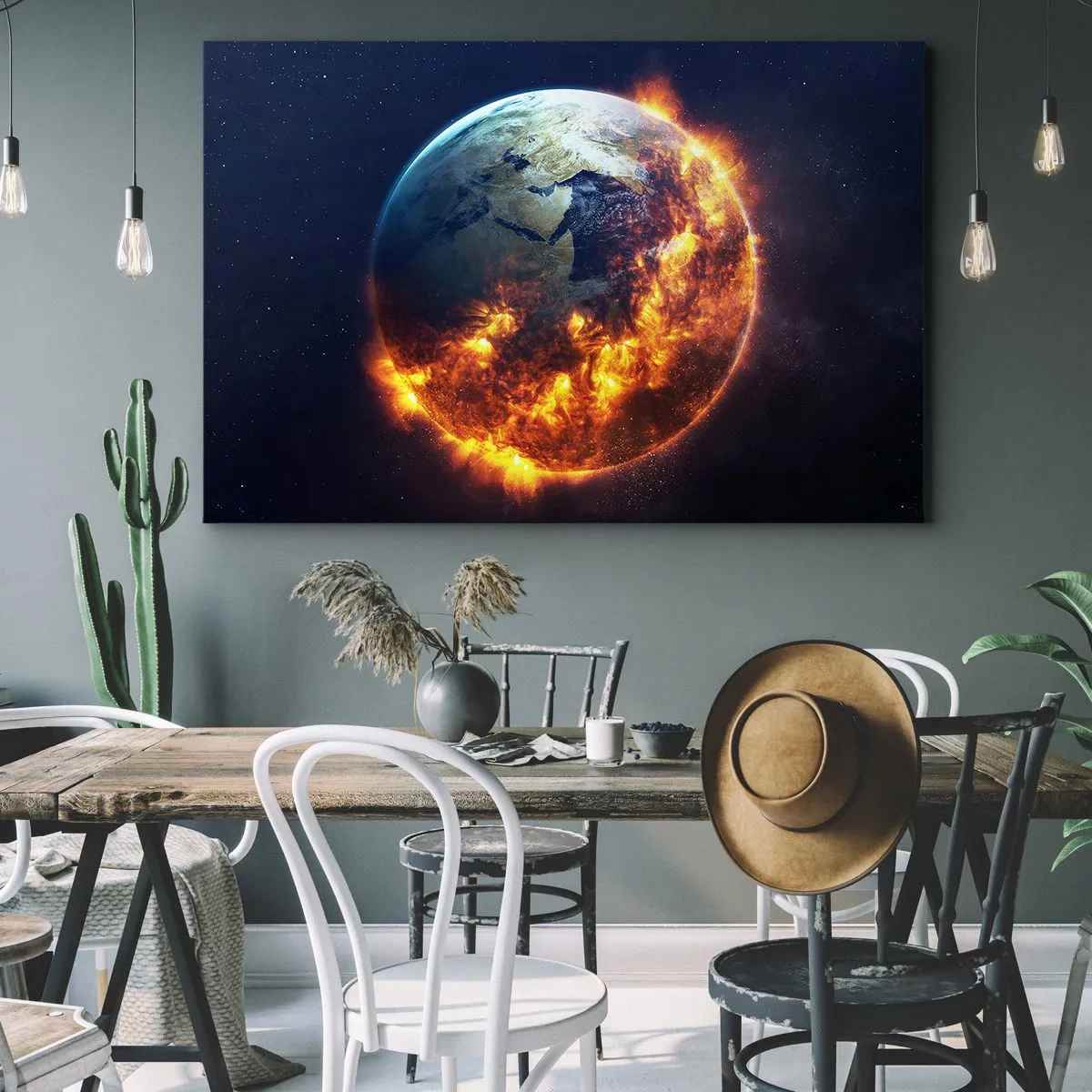 Quadro su tela - Stampe su Tela - Il pianeta Terra in fiamme nello spazio - 70x50cm - Le fiamme dell'apocalisse - Decorazione murale moderna per soggiorno e camera da letto ARTTOR