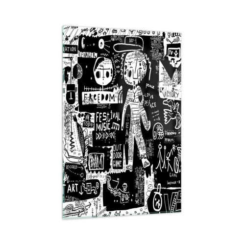 Quadro su vetro - Collage in bianco e nero ispirato alla street art - 80x120cm - Gioventù spirituale di giustizia e gioia - Decorazione murale moderna per soggiorno e camera da letto ARTTOR