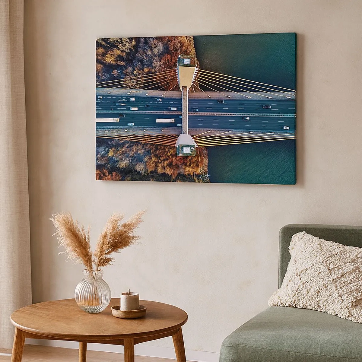 Quadro su tela - Stampe su Tela - Vista aerea del ponte sul fiume e del paesaggio autunnale - 70x50cm - Oltre il fiume, oltre il bosco - Decorazione murale moderna per soggiorno e camera da letto ARTTOR