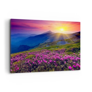 Quadro su tela - Stampe su Tela - Un prato fiorito con vista sulle montagne durante il tramonto - 120x80cm - Odore di mugo e profumo di erbe - Decorazione murale moderna per soggiorno e camera da letto ARTTOR