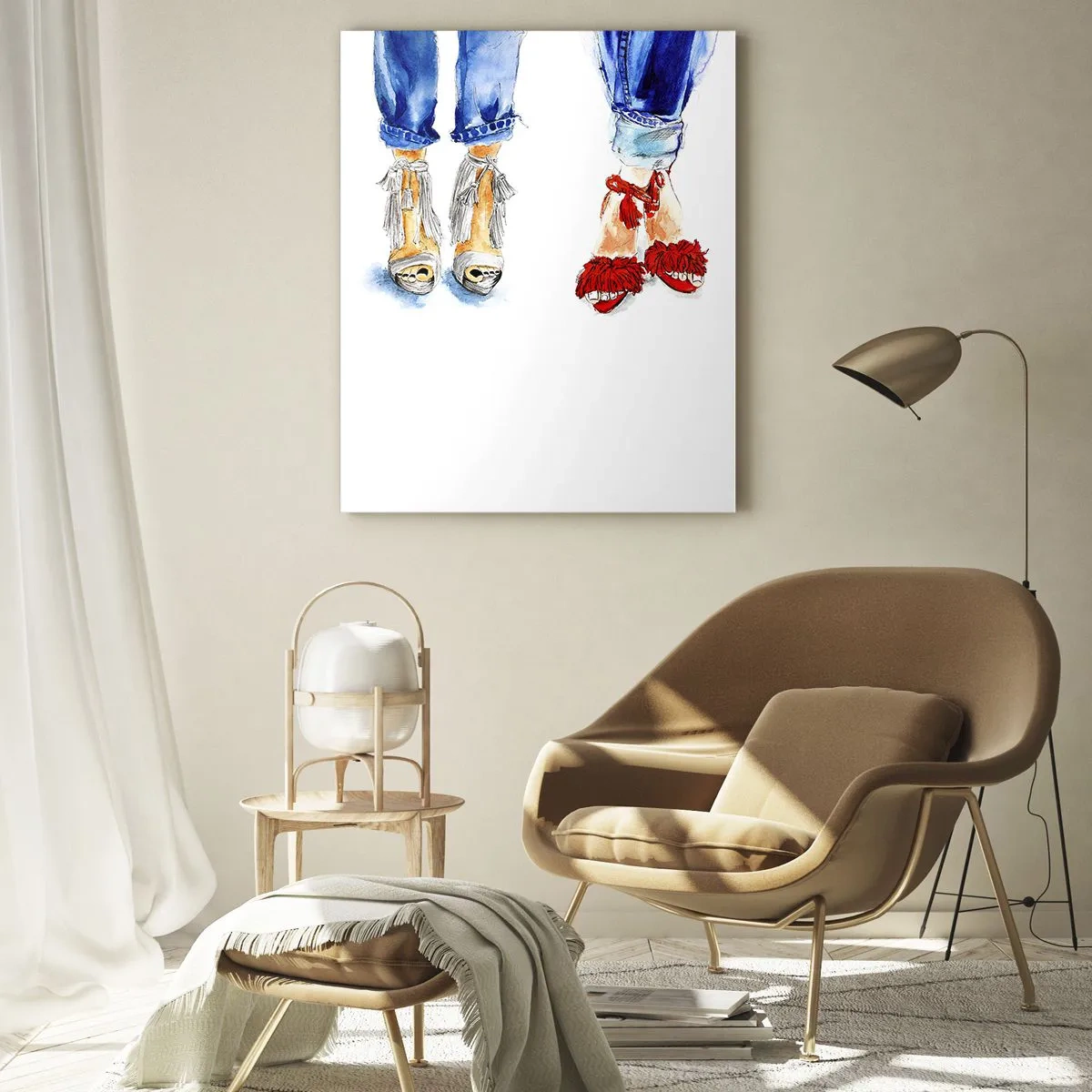 Quadro su vetro - Due scarpe eleganti sullo sfondo dei jeans - 50x70cm - Facciamo una passeggiata? - Decorazione murale moderna per soggiorno e camera da letto ARTTOR