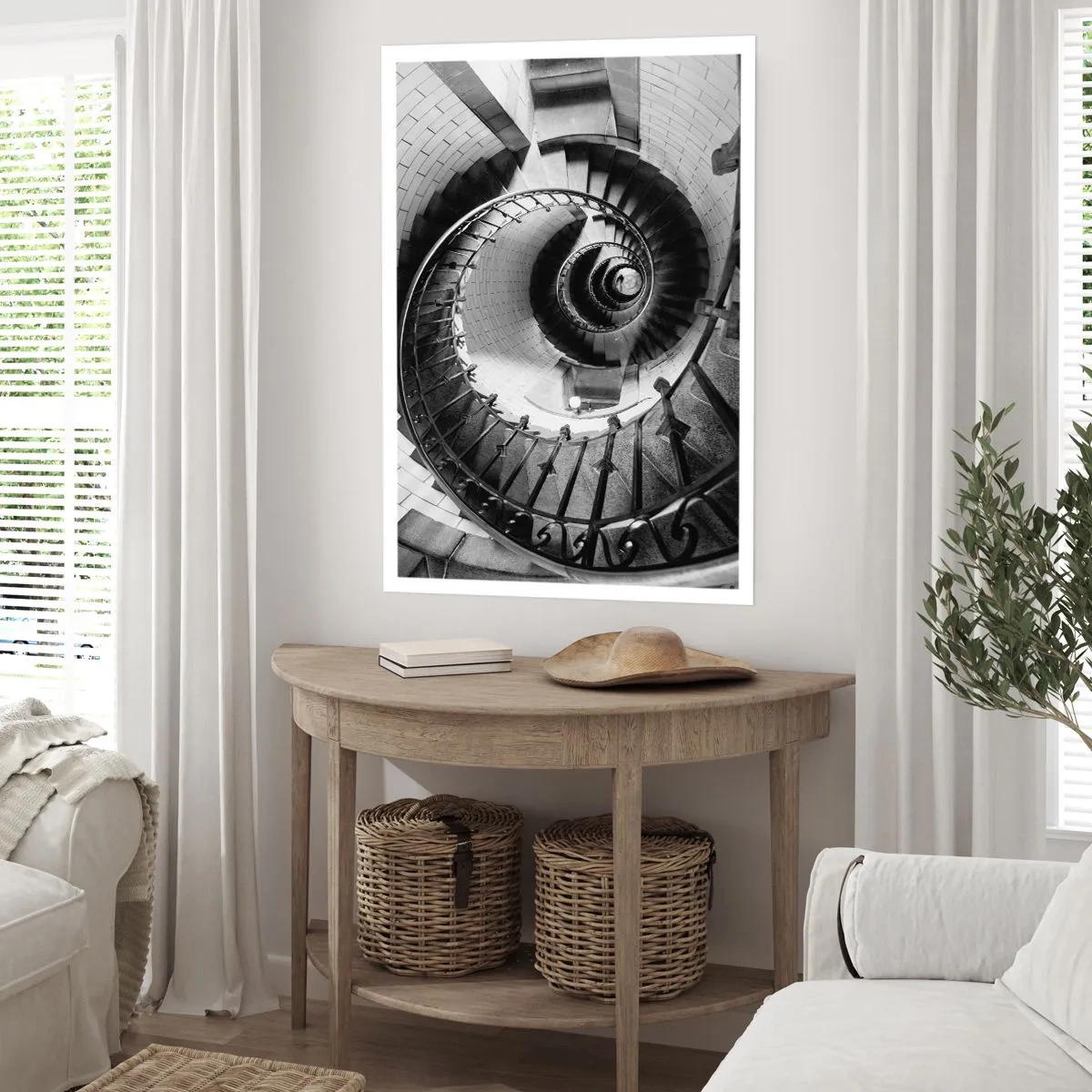 Poster - Scala a chiocciola in prospettiva in bianco e nero - 50x70cm - Ancora più in alto - Decorazione murale moderna per soggiorno e camera da letto ARTTOR