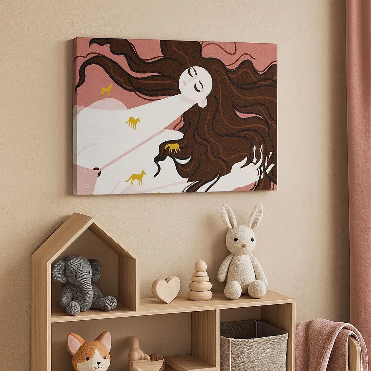 Quadro su tela - Stampe su Tela - Una figura con gli occhi chiusi circondata da cavalli dorati - 70x50cm - Il sogno del cavallo d'oro - Decorazione murale moderna per soggiorno e camera da letto ARTTOR