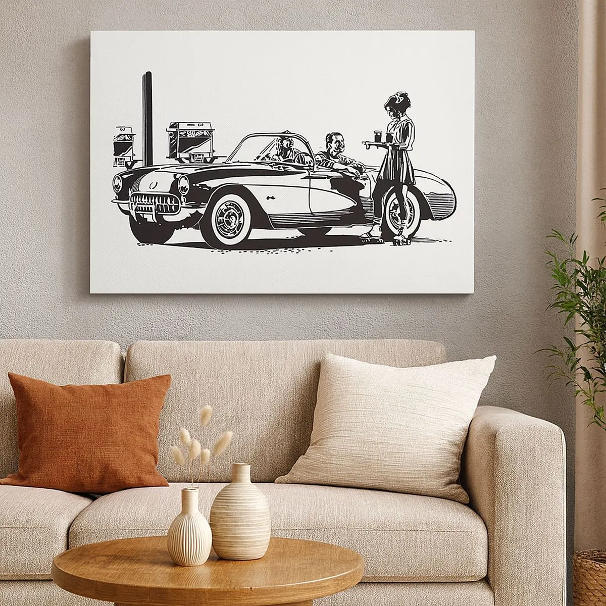 Quadro su tela - Stampe su Tela - Una scena retrò in bianco e nero con un'auto e una cameriera sui pattini a rotelle. - 70x50cm - Anni '60: l'America spensierata - Decorazione murale moderna per soggiorno e camera da letto ARTTOR