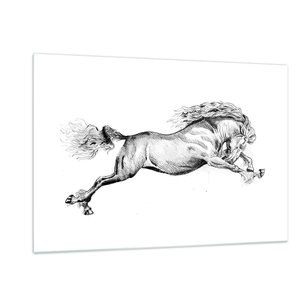 Quadro su vetro - Disegno in bianco e nero di un cavallo al galoppo - 120x80cm - Fermo al galoppo - Decorazione murale moderna per soggiorno e camera da letto ARTTOR
