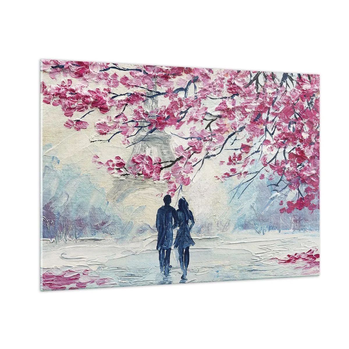 Quadro su vetro - Una coppia che cammina sotto gli alberi in fiore - 100x70cm - Passeggiata romantica - Decorazione murale moderna per soggiorno e camera da letto ARTTOR