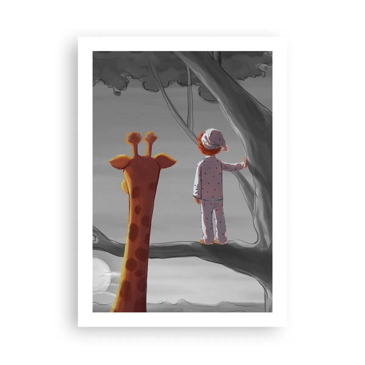 Poster - Un bambino in pigiama e una giraffa su un albero in un paesaggio grigio e arancione. - 50x70cm - Sta succedendo davvero - Decorazione murale moderna per soggiorno e camera da letto ARTTOR
