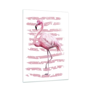 Quadro su vetro - Un fenicottero rosa su uno sfondo di artistiche strisce rosa. - 50x70cm - Con dignità, sebbene in rosa - Decorazione murale moderna per soggiorno e camera da letto ARTTOR