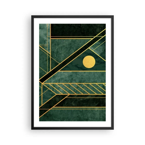 Poster in cornice nera - Astrazione geometrica in verde con accenti dorati - 50x70cm - Dinamica di oro e azzurro - Decorazione murale moderna per soggiorno e camera da letto ARTTOR