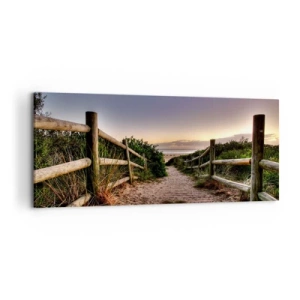 Quadro su tela - Stampe su Tela - Sentiero in legno tra le dune che conduce alla spiaggia al tramonto - 120x50cm - Già si vede la meta - Decorazione murale moderna per soggiorno e camera da letto ARTTOR