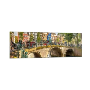 Quadro su vetro - Un pittoresco canale con un ponte ad Amsterdam - 160x50cm - La primavera sul canale - Decorazione murale moderna per soggiorno e camera da letto ARTTOR