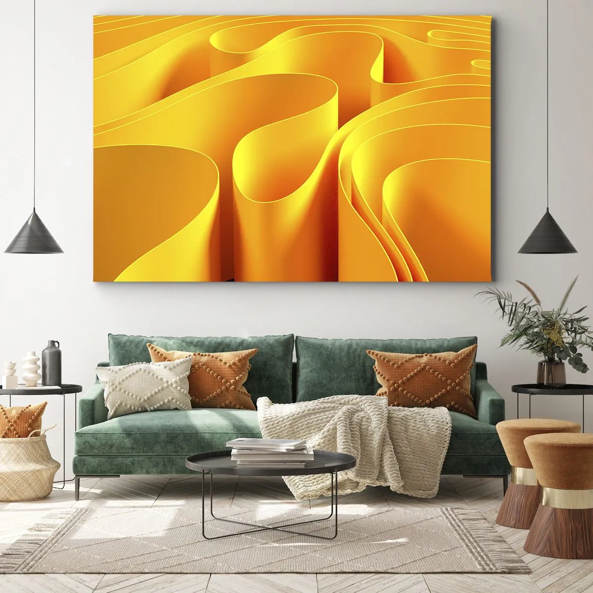 Quadro su tela - Stampe su Tela - Onde astratte gialle che ricordano i raggi del sole - 100x70cm - Come onde di sole - Decorazione murale moderna per soggiorno e camera da letto ARTTOR