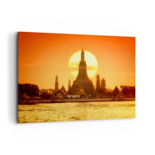Quadro su tela - Stampe su Tela - Tramonto sul tempio con riflesso nell'acqua - 100x70cm - Verso il sole, sempre verso il sole - Decorazione murale moderna per soggiorno e camera da letto ARTTOR