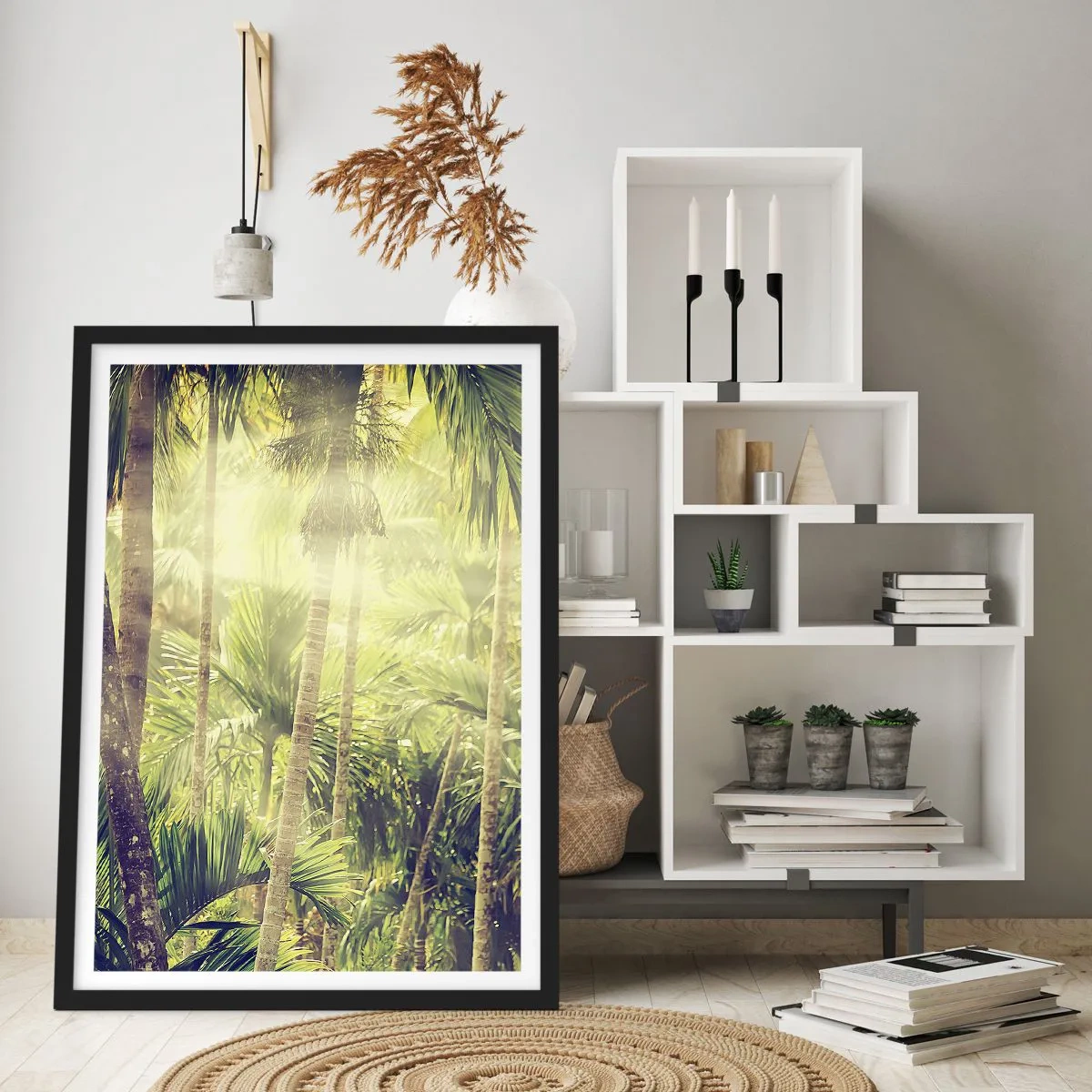 Poster in cornice nera - Foresta tropicale con raggi di sole sullo sfondo - 50x70cm - Nell'afa verde - Decorazione murale moderna per soggiorno e camera da letto ARTTOR