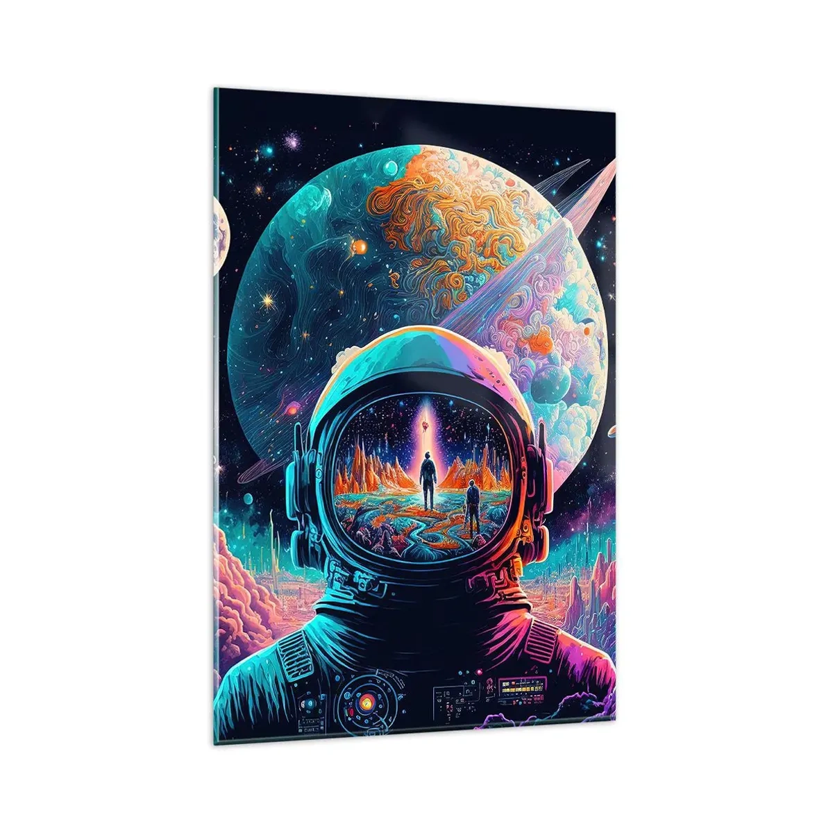 Quadro su vetro - Astronauta nello spazio con un paesaggio planetario colorato - 80x120cm - I filosofi non l'avevano pensato - Decorazione murale moderna per soggiorno e camera da letto ARTTOR