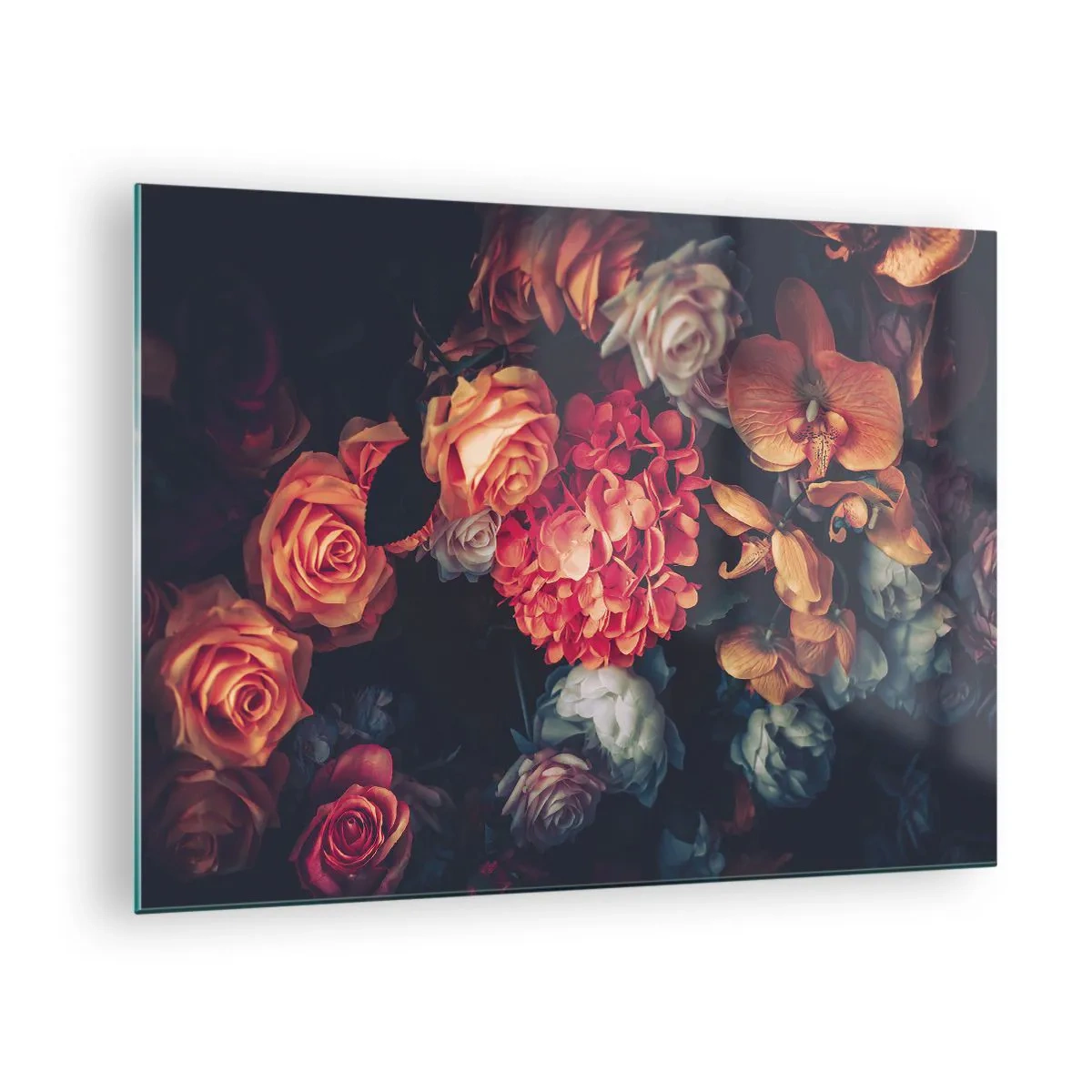 Quadro su vetro - Composizione floreale scura con rose e orchidee - 70x50cm - Come i maestri olandesi - Decorazione murale moderna per soggiorno e camera da letto ARTTOR