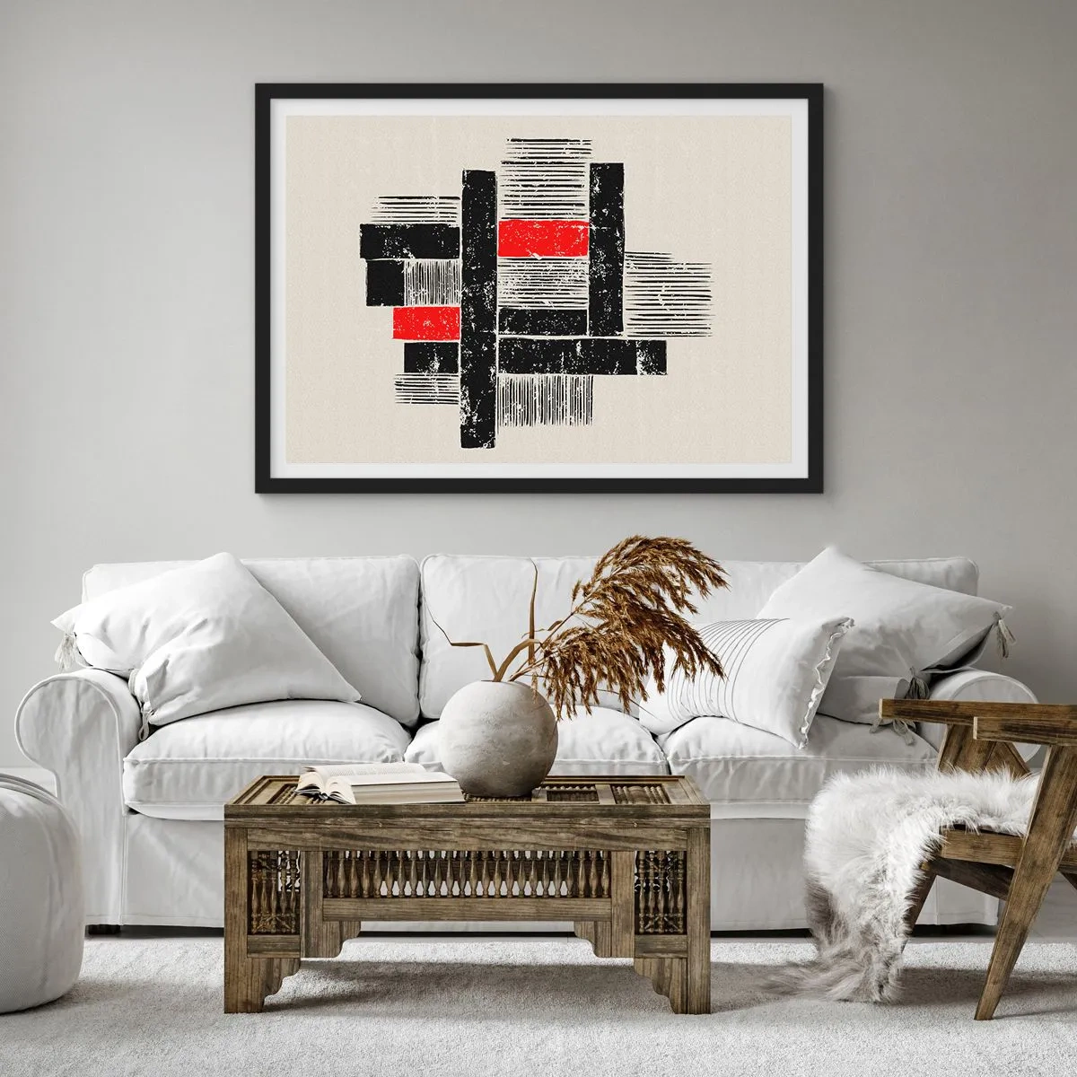 Poster in cornice nera - Composizione geometrica astratta in nero e rosso - 100x70cm - Rosso e nero - Decorazione murale moderna per soggiorno e camera da letto ARTTOR