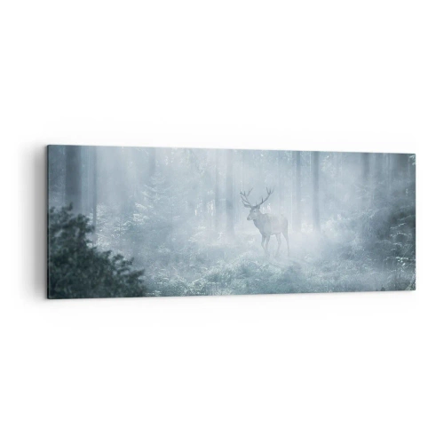 Quadro su tela - Stampe su Tela - Un cervo in una fitta foresta avvolto nella nebbia mattutina - 140x50cm - Passeggiata mattutina sulle sue terre - Decorazione murale moderna per soggiorno e camera da letto ARTTOR
